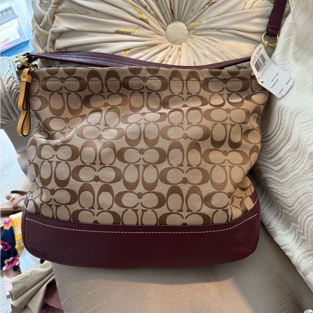 Coach Signature Canvas Shoulder Bag in Beige with Burgundy Trim - Picture 7 of 7
